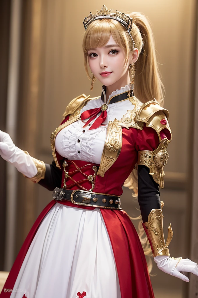 Woman portrait、Highest quality、Rear view、8K, clear, Fine skin、Clear, beautiful eyes、Cleavage、Carefree and natural smile、whole body、Curly Hair、(My hair was messed up by the wind)、The beauty of a smile、(Glamorous Muscle、tall),(Hip_superior, Hip superior), 金のprincess,( Watching the audience),(Jewels and red and white knight uniform, Intricately decorated armor,Dressed in gorgeous red and black,Blonde Hair,ponytail,bangs,princess, White and red chest armor, Super Beauty),(bokeh), (Detailed face),Gold ribbon,((Black gal)),(Red and white stripes,Sailor-style armor with collar,lolita fashion),(Red and white mechs,Large gemstone,Steampunk Hanbok,Steampunk white dress shirt、buttons、spikes,beads,elbow gloves,Short jeweled tie、Gemstone Helmet,belt steampunk bodystocking,High leg),((arms behind back)),(bokeh),(studio lighting)