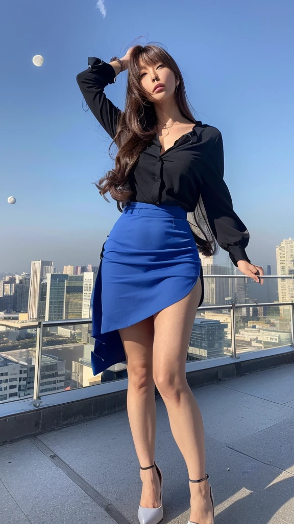 1 girl, blue eyes, Long hair, Big breasts,,Button-up shirt,Pronounced nipple contour,Exposed breasts, ((Thong:1.6)),Legs open,Thin hips,Lean forward,bend over,(Hips:2.0),Low Rise,High slit,Facing the camera,Look at the lens,full-body shot,(超Low angle upward shot:1.6), Unity 8k wallpaper, Ultra Detailed, Aesthetic, masterpiece, best quality, Realistic,Random color matching,Face HD,Full body close-up,Extreme low-angle telephoto:1.6。Shoot at extreme angles,underboob shirt,skirt,Small amount,Prominent genital outline。underboob,Low angle upward shot:1.6