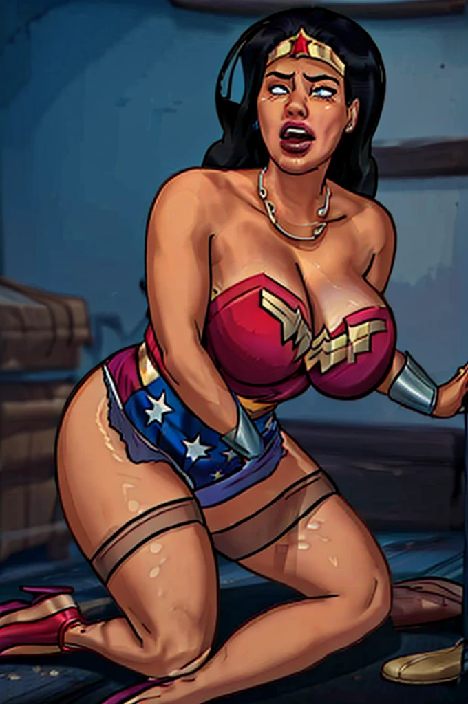 (((Wonder Woman is in the center of the ring, fishnet pantyhose))), (((very beaten, very d, very raped,very humiliated,very defeated))),((SUPERHEROINE mulher maravilha IS A FILTHY OLD WHORE)), ((Emotional expression,expression of pain and despair, screaming in pain, expression of suffering, eyes wide)),(Wonder Woman is on her feet, on tiptoe, curved body), (She's crying a loa tem cabelo preto, she has long hair)), ((She wears a thick metal necklace around her neck..)), (She is wearing immoral clothes, she is wearing indecent clothes), (Masterpiece artwork, best qualityer) 1.5, 1 girl, standing alone, (sensuous, beautfull woman, face perfect, perfects eyes), fully body. ((She is wearing starry lace panties)), tears running down your face)), ((Wonder Woman in Strappado Captivity, right away, using some fixing method, like a rope or chain that runs from the wrists to an attachment point above)), (((Emotional expression,expression of pain and despair, screaming in pain, expression of suffering, eyes wide, expression of fear, body writhing in pain))), ((She's wearing high heels))