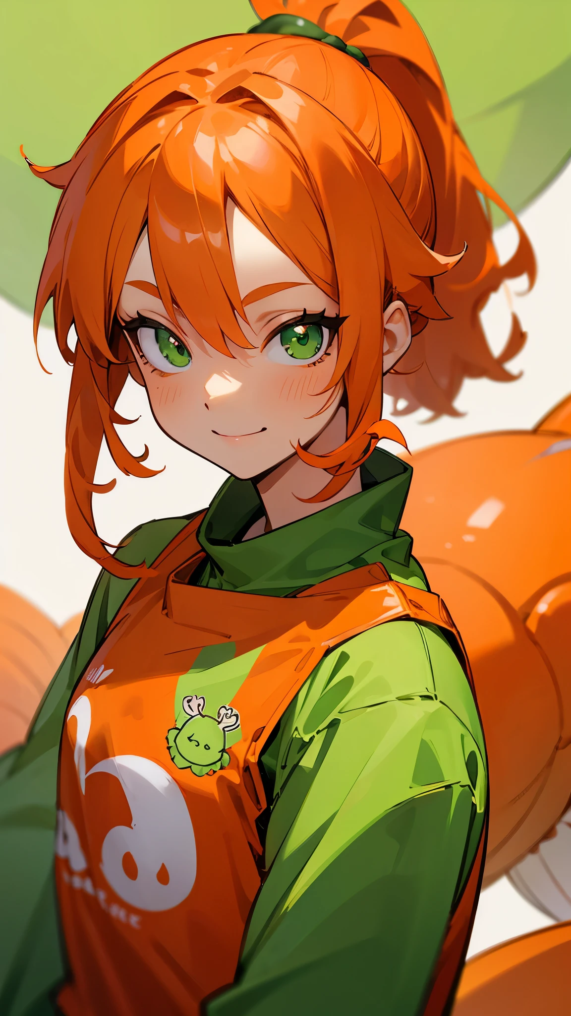 Orange clothes、Orange Hair、ponytail、Beautiful green eyes、Wicked Smile、Shrimp mascot、Upper body close-up