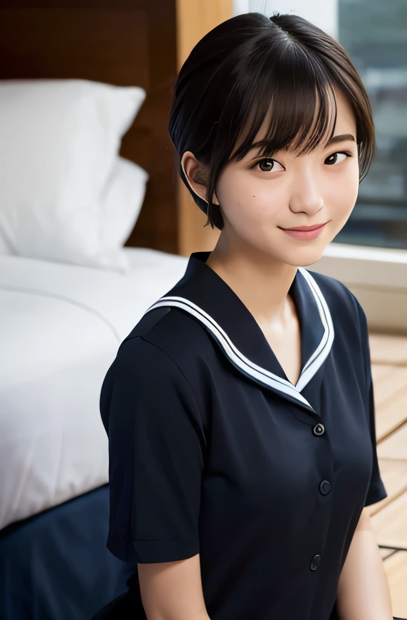 One girl, Short hair up to shoulders,Black Hair,smile, summer, Hotel at night,Bed,Relaxing,18-year-old high school girl,Dignified face,Look at this,Slender body,front,Sailor suit,Small breasts,Fair skin, (masterpiece, Highest quality), Soft Light, Structure of the film, Like in the movies