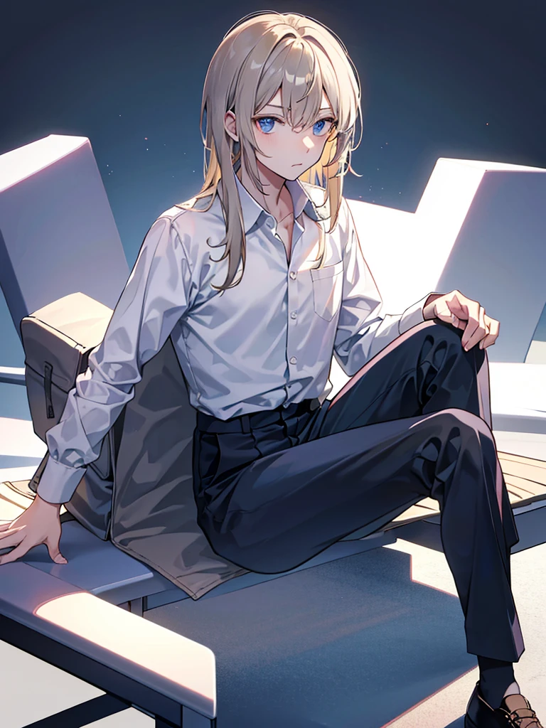 male,sitting, crossed legale,company president,medium length hair,expressionless,, long sleeve shirt