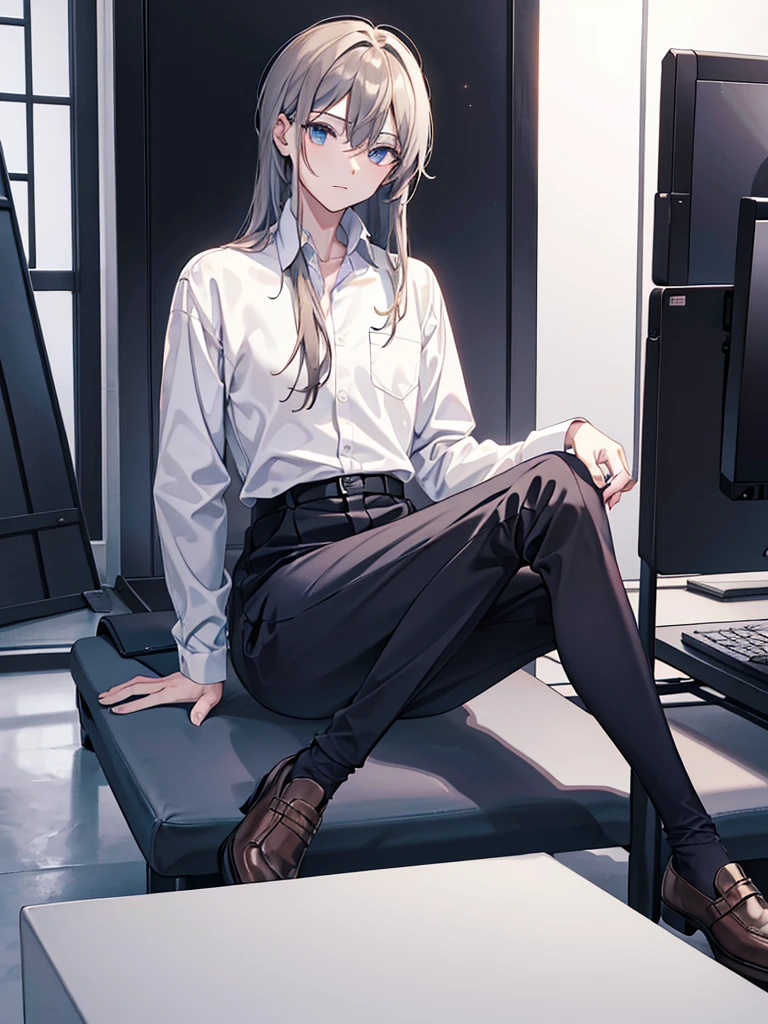 male，sitting, crossed legale，company president，medium length hair，expressionless，, long sleeve shirt
