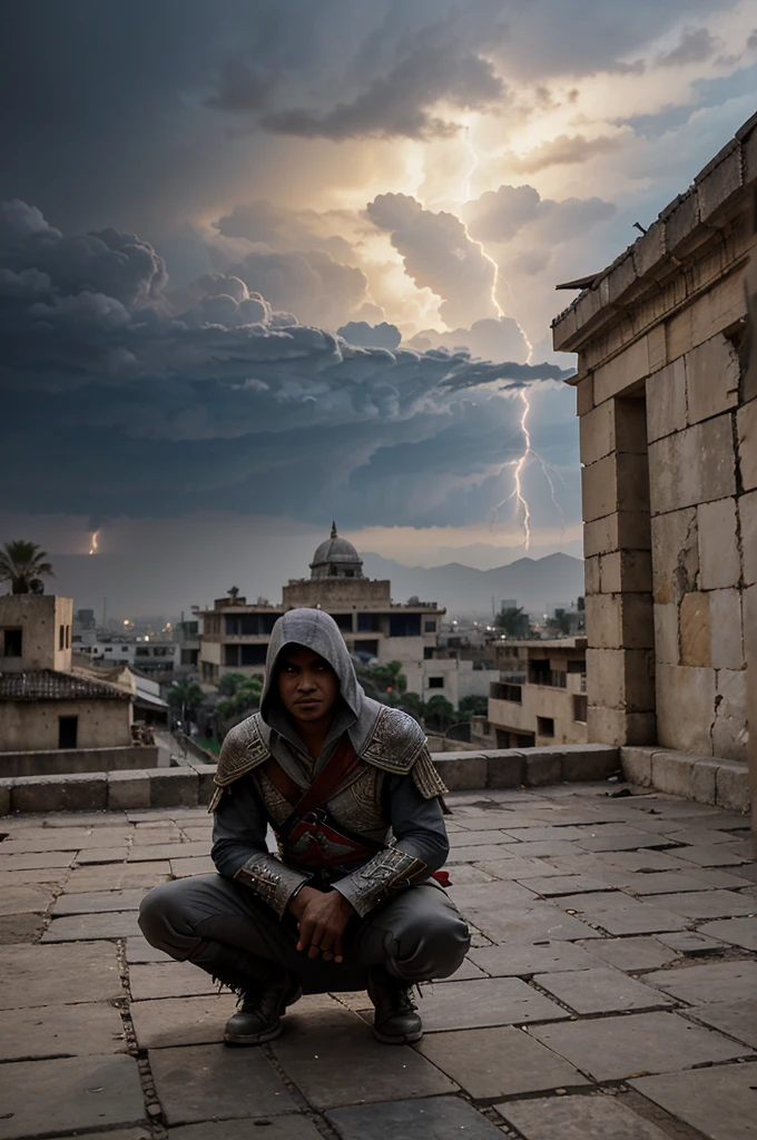 an Indonesian man, 30 years old, wearing a grey Assassin's Creed costume, with the words "aji" written on it. He was squatting on the top of a tall building, and there was an eagle standing on his arm.
background of an old ancient Egyptian house. illuminated by sunlight in the afternoon and lightning in the sky