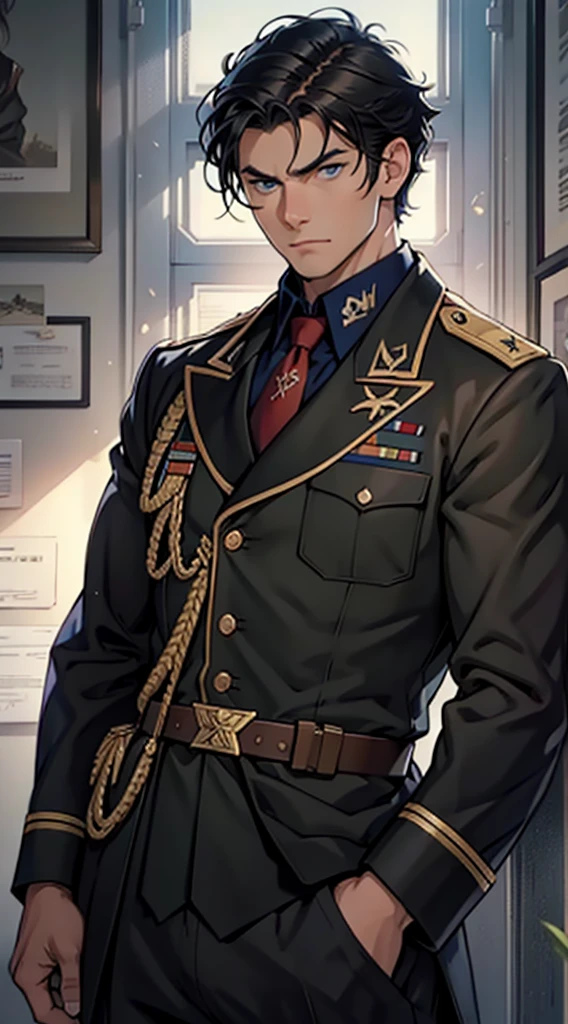 Close-up of a man in uniform holding a medal, Iron Heart Portrait, Iron Heart Portrait Style, Military Art, Profile Image 1024px, Inspired by Ryunari Kishida, Artgerm JSC, Inspired by Max Magnus Norman, RB6s), Col Price, Artgerm and Grek Rutkowski, Officer, Black Hair