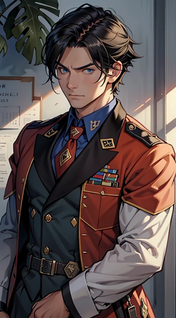 masterpiece，Best quality，illustration，lifelike，Photorealism，Facial details，Official Art，light，Tie military uniform，1 man，hansome，male，[[[［muscle］]],｛No bangs｝，Neat hair，Black hair，Short hair，blue eyes，serious，Looking at the audience
