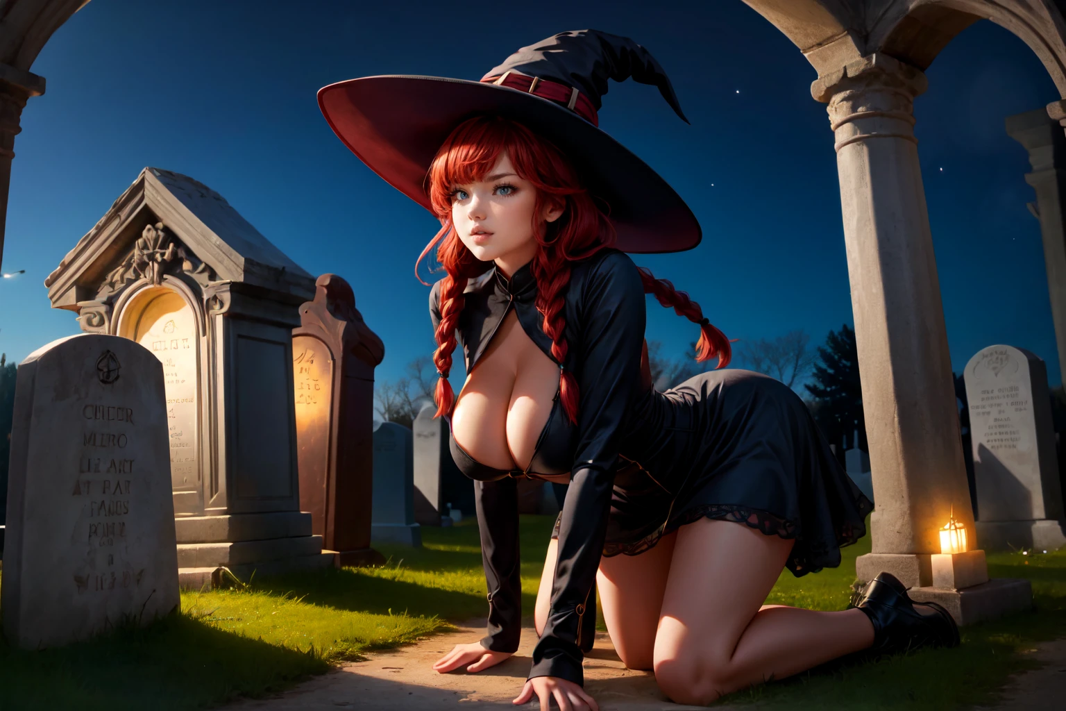 1 girls,Big breasts ((Witch Girl)) cemetery background,((red hair, 2 braids)), ((perfect eyes)), ((eye glow effect)) extremely sexy body, black witch hat, details of the white dress are transparent, ((ultra quality, cinema lighting, full HD, ultra realistic)), perfect lips, beautiful and cute smile, cute expression,, cobweb on the headboard, night,get out from grave, cemetery background, night,moom light,(Climbing out of the Grave),putting breasts on something