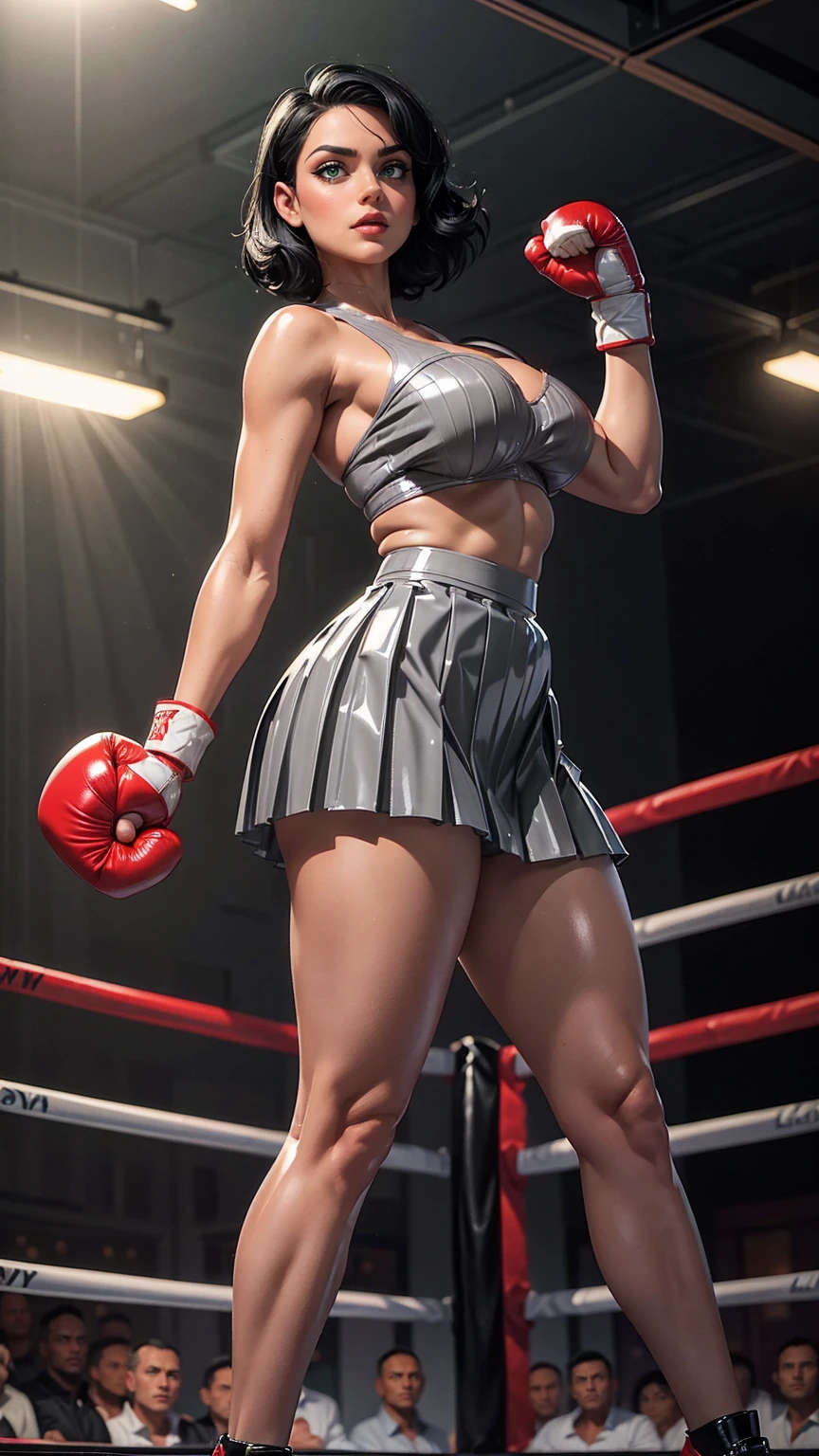 very beautiful, thicc Caucasian female american, green colored eyes, off ((short black hair)), spectacular woman (full body 1.3), short black hair, wide hip, curved, ((deep cleavage, firm round breasts)), thicc, thick calves, strong legs, photographed in 8k, 3D-rendering, lifelike lighting, dressed in a (reflexive grey latex long pleated skirt:1.4), (bikini top), Caucasian female, caucasian woman, white woman, gorgeous woman, (reflexive grey latex pleated skirt), perfect round firm butt, view from side, action pose in a boxing ring, boxing gloves,