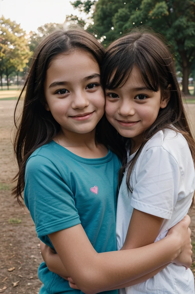 two 8 year old girls hugging in a park, baby face, she are happy, park with good lighting