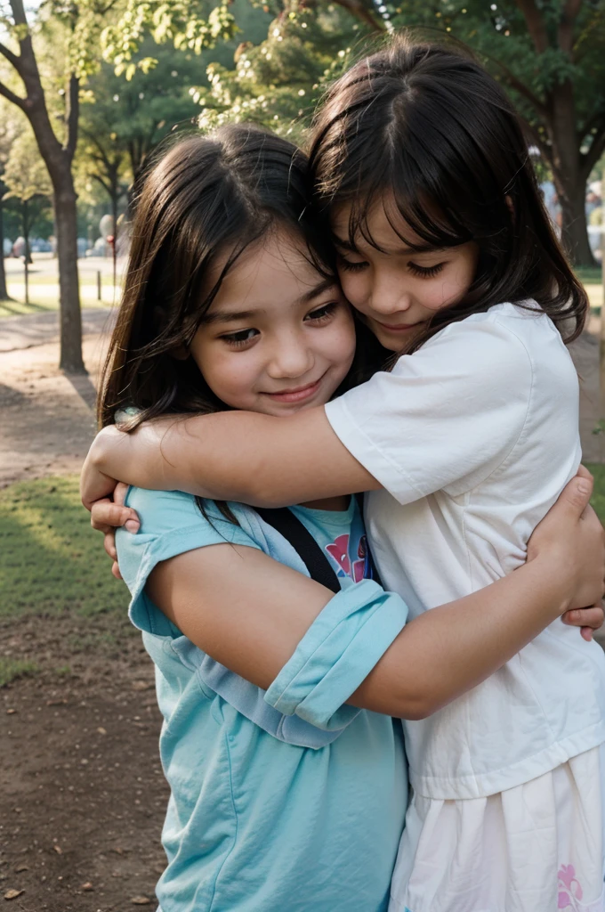 two 8 year old girls hugging in a park, baby face, she are happy, park with good lighting