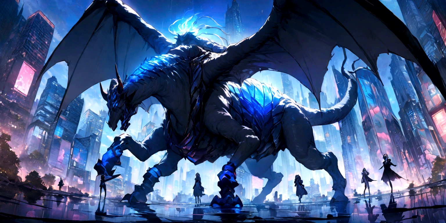 ((masterpiece, Highest quality, Best image quality, High resolution、8k)) A female demon rides a camel monster、The female demon has wings and wears a mask on her face.、Glowing blue eyes and advanced cybernetic enhancements. Seen in dynamic action poses, reflection on a smooth surface. The cityscape below is filled with towering skyscrapers., illuminated by colorful holographic advertisements, Shining with blue energy, Mighty power. The overall atmosphere is dark and mysterious., It had a futuristic techno vibe.. The lighting is dramatic, Intense highlights and deep shadows, Creates depth and tension.