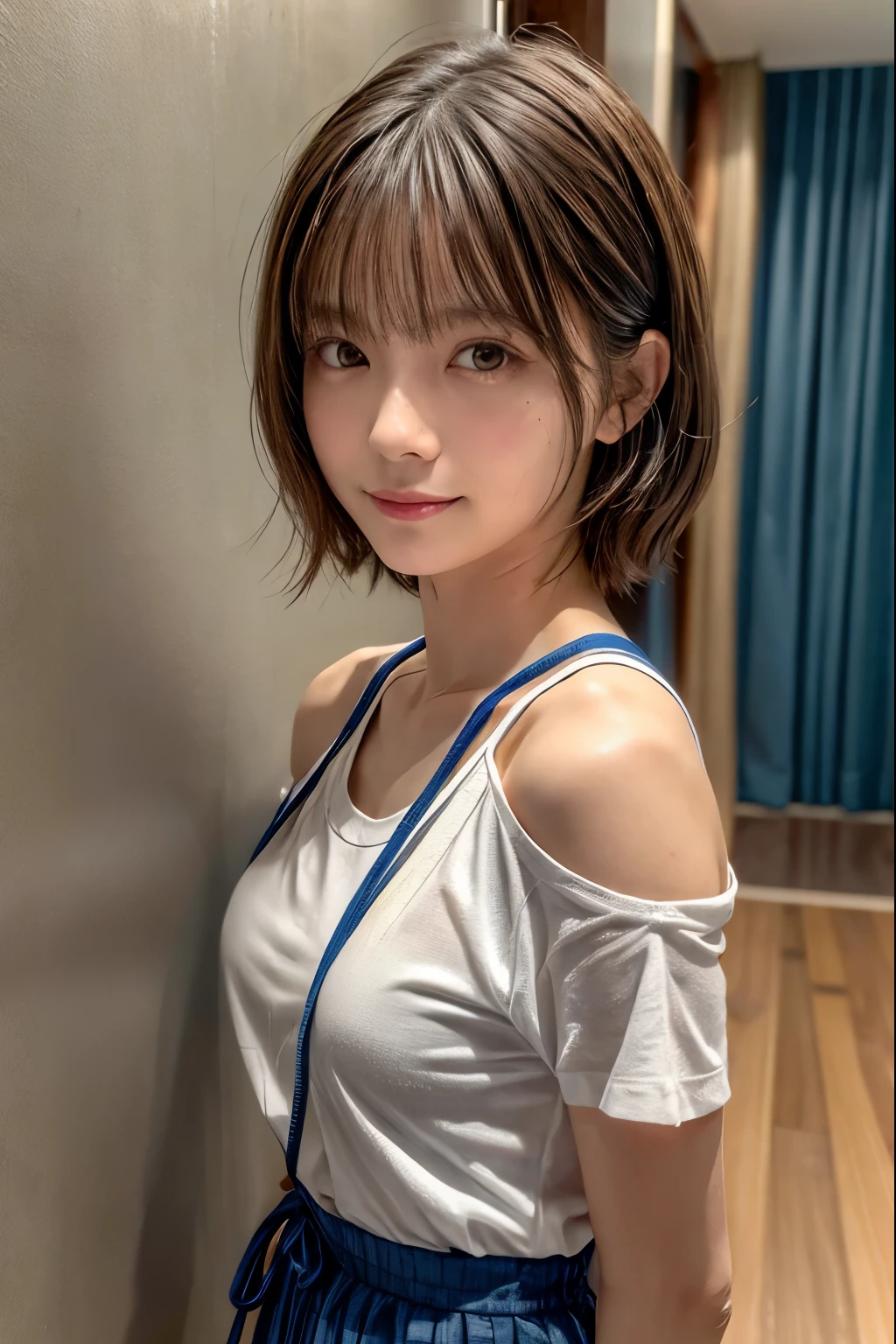 Cute girl tied up、beauty、Even out the eyey hands are tied with ropes、Inside the hotel room、White short sleeve shirt、Navy blue standing in front of a wall、Age 25、Medium build、Small face、, light brown hair, shiny hair, hair over shoulder, expressive hair, straight hair, asymmetrical bangs, seductive smile, Surrealism, Verism, depth of field, cinematic lighting, first-person view, Nikon, f/1.2, UHD, anatomically correct, textured skin, best quality, highres, 8k