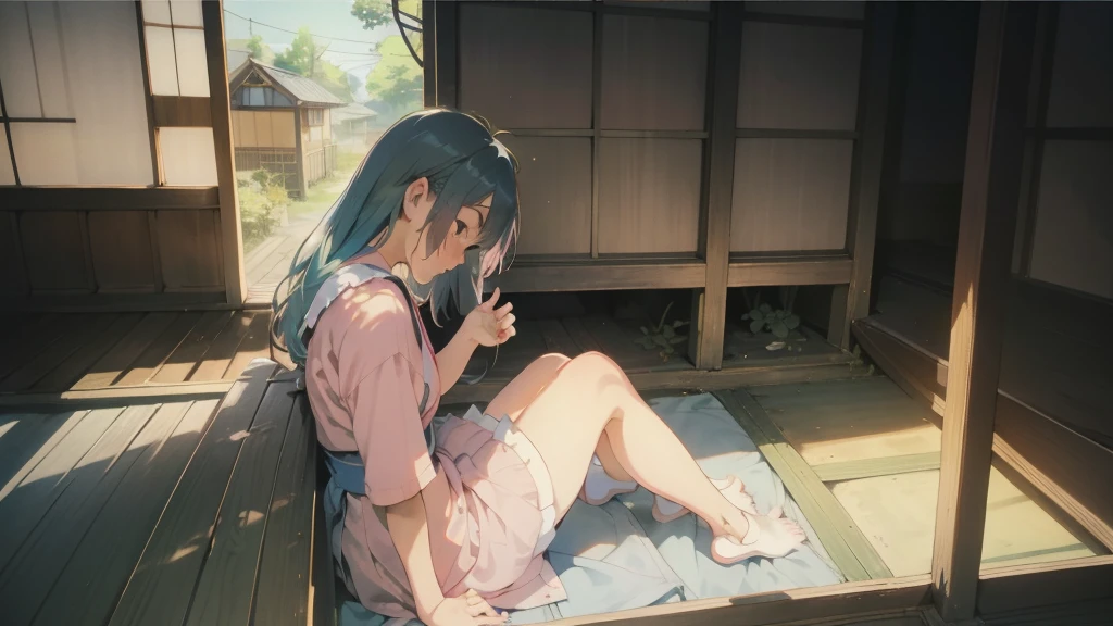 An old anime school girl character sitting sitting in the terasse of an old japanese house, relaxing at the view of her garden. summer vibes. The colors are soft and pastel, with soft lighting and a nostalgic ambiance, Lo-Fi, , cute girl, side view, wide view.