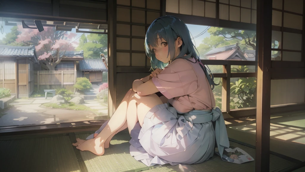 An old anime school girl character sitting sitting in the terasse of an old japanese house, relaxing at the view of her garden. summer vibes. The colors are soft and pastel, with soft lighting and a nostalgic ambiance, Lo-Fi, , cute girl, side view, wide view.