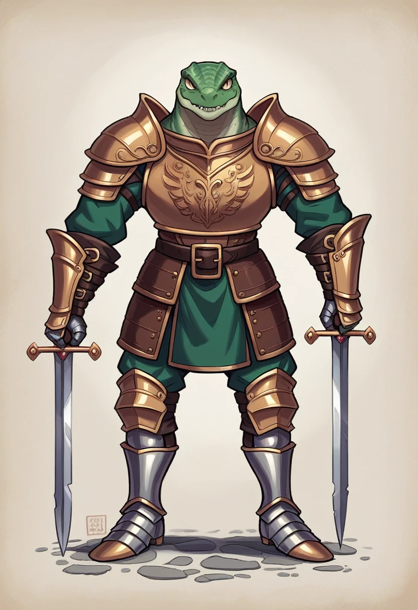The character is an anthropomorphic lizard standing around 2 meters tall with a muscular, robust build. Its head is reptilian and elongated with a pronounced snout, narrow slit-pupiled eyes, and a mouth filled with sharp teeth. The lizard's skin is covered in tough, scaly hide, ranging in color from deep green to dark brown. It wears imposing, full plate armor, intricately designed with engraved patterns and reinforced for maximum protection. The armor includes a large, ornate helmet that fits the elongated head, a breastplate, pauldrons, gauntlets, greaves, and sabatons, all crafted from polished steel. The lizard also carries a large, imposing sword or axe, strapped to its back or side, completing the formidable appearance of a medieval fantasy warrior.