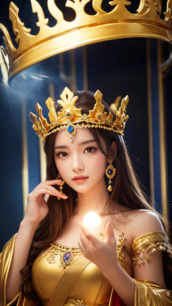 Professional , masterpiece、top-quality、photos realistic , depth of fields (Gemstone Silver Metal Body:1.9),(Matte yellow、Jewel Gold Weapon、(Gorgeous castle background)、(Jewel Metal Body:1.4),(Gorgeous Jewel Metal Weapons) , (Hold the detailed sword of the hero) ,( ) ,warhammer 40k , adepta sororitas,Detail and ornate jewel crown、Brown hair、(Gangle's forest background)、1a person、dynamic ungle,(((Diamond tiara with detail and luxury)))、a small face、A smile、Powerful poses、(Gorgeous castle background)、huge filesize、20 year old beautiful woman、Stand in the center of the screen、Thin female fingers、Straight long hair、Beautiful Caucasian beauty、Mystical expression、Lightly open your mouth、,Luminescent particles,light scattering,Tindall Effect、cleavage of the breast、