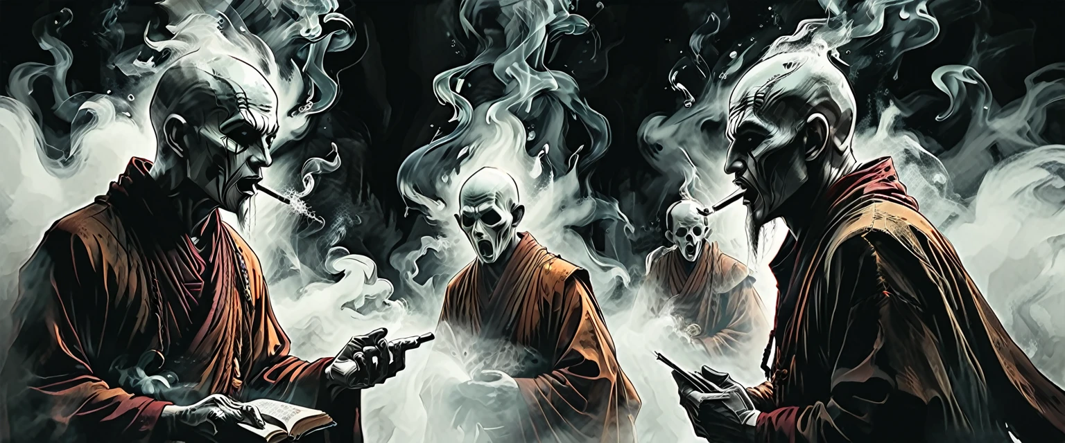 ((side view):2),close up portrait of line ghosts of Buddhist monks, many ghosts, without faces, shadows, night, jungle, smoke, fog, opened mouth, graphic style of novel comics, 2d, 8k, hyperrealism, masterpiece, high resolution, best quality, ultra-detailed, super realistic, Hyperrealistic art, high-quality, ultra high res, highest detailed, lot of details, Extremely high-resolution details, incredibly lifelike, colourful, soft cinematic light,