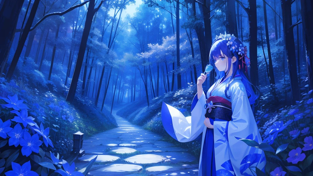 Magical Forest,Maiden in flowers,Wearing a Japanese kimono、blue flower,night,darkい環境,Bluish,dark