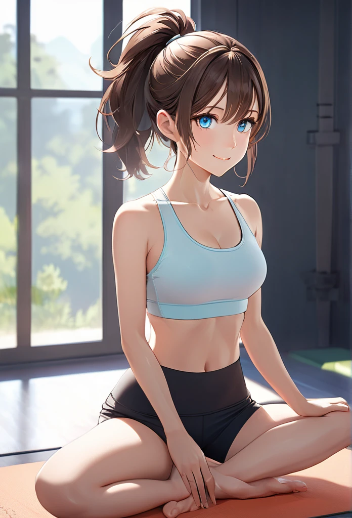 insanely beautiful girl, short messy brunette hair, ponytail, heterochromia brown and grey, minimal Yoga clothes, hourglass body, little smile, open-minded, yoga studio, Full body Beautiful anime style girl, sweat leggs, secypose, clean detailed faces, intracated clothing, analogous colors, glowing shadows, beautiful gradient, depth of field, clean image, high quality, high detail, high definition, Luminous Studio graphics engine, cute face, big braest, slim waist, nice hips,