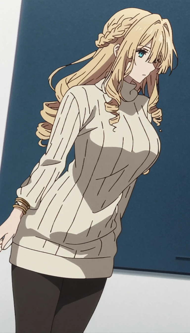 masterpiece, best quality, screencap, Violet Evergarden, 1girl, solo, blonde hair, long hair, curly hair, drill hair, blue hairband, sweater dress, ribbed sweater, golden corners, bracelet, jewellery, black pantyhose, adult, large breasts, white background, empty look