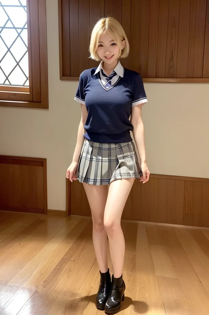 8K, Highest quality, The true picture, Intricate details, Very detailed, Ultra-high resolution, Depth Field,(Realistic,Realistic:1.2),Tabletop , ((Full Body Shot)) , ((length, Thin legs)), 1 Girl, eye_Chan, Very beautiful 17 year old girl, innocent big eyes,、Beautiful breasts:1.5、Very detailedなeye:1.2)、(Beautiful breasts:1.1)、((blonde))、(length Bob Hair), Asymmetrical bangs,short hair, Twin tails、, Perfect Skin, Fair skin, Small breasts, Tight waist, alone, Gazing at the audience,、((School_uniform), (shirt、Wear a tie), (Checkered Pleated Micro Mini Skirt),, ((A happy smile)), ((Perfect hand shape))