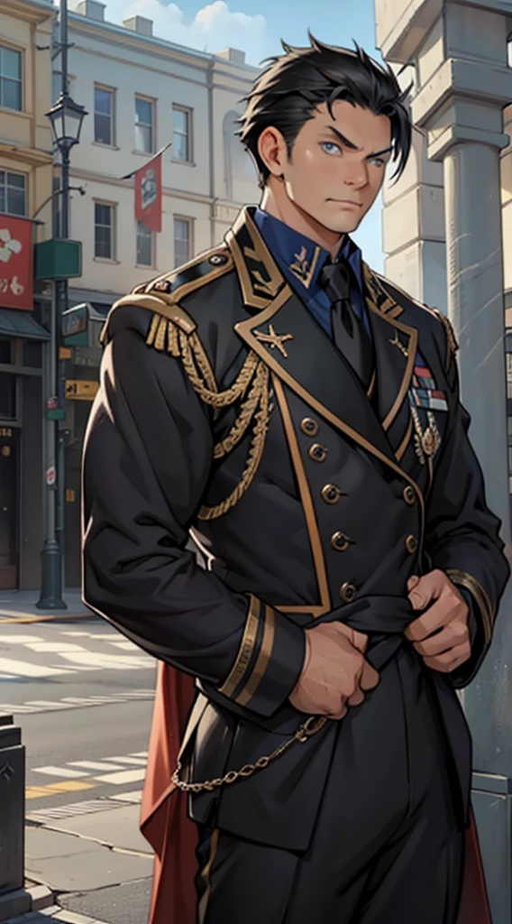 masterpiece，Best quality，illustration，lifelike，Photorealism，Facial details，Official Art，light，Tie military uniform（Honor guard），1 man，hansome，male，[[[［muscle］]],｛Large back hair style｝，Neat hair，Black hair，Short hair，blue eyes，serious，Looking at the audience
