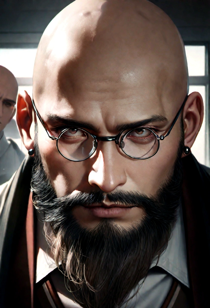 24-year-old male model,, bald, medium-length beard, serious face, round bone glasses, small earrings in ear, at school, high detailed face, high detailed clothes, ultra realistic, dark close-up, cinematic, selfie
