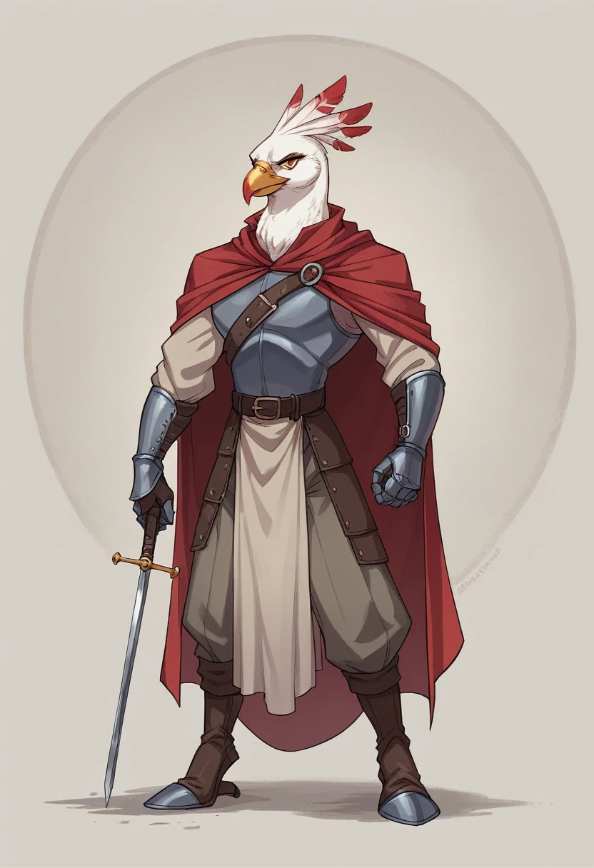 The female character is an anthropomorphic owl, standing about 1.7 to 1.8 meters tall with a slender yet muscular build. It has a round head with large, expressive amber or golden eyes, prominent ear tufts, a curved ivory-colored beak, and thick, soft feathers in white or light gray. The attire includes a fitted leather jerkin with steel plates, a finely woven tunic in rich colors like crimson or royal blue, and polished steel shoulder armor with ornate engravings. The lower body is clad in tailored breeches and reinforced boots, and a wide leather belt holds a finely crafted scabbard with a sleek rapier. Accessories include protective gauntlets and a dark cloak, combining the owl’s regal features with the sophisticated attire of a medieval fantasy warrior, making the character both formidable and visually striking.
