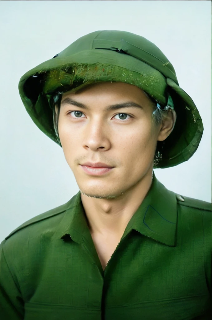 Highly realistic photo, ((masterpiece), (best quality), (raw photo), (photorealistic:1.4), A young Vietnamese soldier from 1954, dressed in a green military uniform with red insignia on the collar, and wearing a mucoi. The photograph has an aged, vintage quality with some visible wear and tear, ((light blue background)), photo taken by Sony A7IV
