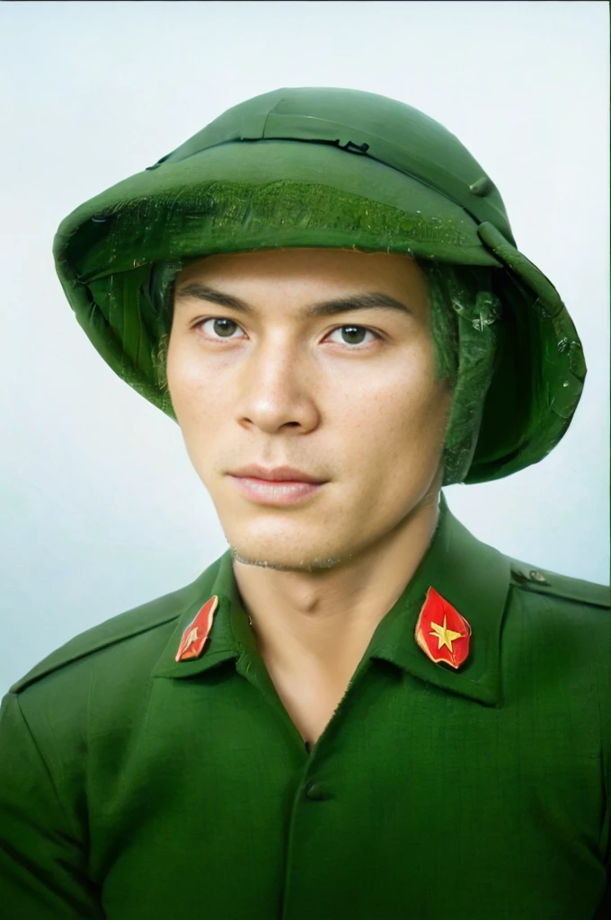 Highly realistic photo, ((masterpiece), (best quality), (raw photo), (photorealistic:1.4), A young Vietnamese soldier from 1954, dressed in a green military uniform with red insignia on the collar, and wearing a mucoi. The photograph has an aged, vintage quality with some visible wear and tear, ((light blue background)), photo taken by Sony A7IV
