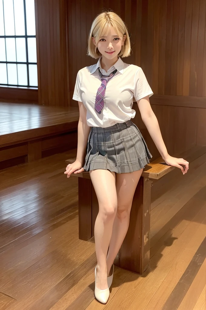 8K, Highest quality, The true picture, Intricate details, Very detailed, Ultra-high resolution, Depth Field,(Realistic,Realistic:1.2),Tabletop , ((Full Body Shot)) , ((length, Thin legs)), 1 Girl, eye_Chan, Very beautiful 17 year old girl, innocent big eyes,、Beautiful breasts:1.5、Very detailedなeye:1.2)、(Beautiful breasts:1.1)、((blonde))、(length Bob Hair), Asymmetrical bangs,short hair, Twin tails、, Perfect Skin, Fair skin, Small breasts, Tight waist, alone, Gazing at the audience,、((School_uniform), (shirt、Wear a tie), (Checkered Pleated Micro Mini Skirt),, ((A happy smile)), ((Perfect hand shape))