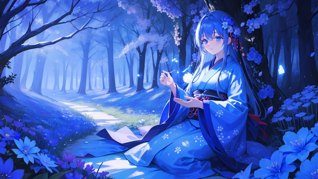 Magical Forest，Maiden in flowers，Wearing a Japanese kimono、blue flower，night，darkい環境，Bluish，dark