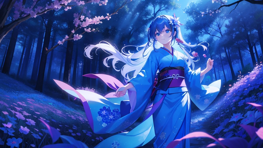 Magical Forest,Maiden in flowers,Wearing a Japanese kimono、blue flower,night,darkい環境,Bluish,dark