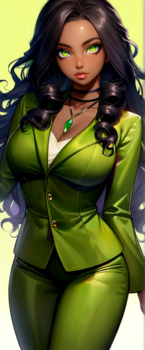 Ebony woman ,black female , dark skin tone ,afro ,slim, ,defined curls, long hair, giant hair, dark black curly hair, cabelo volumoso de fully body com roupa casual realista extremamente detalhado com olhos cor de esmeralda, greeneyes ,bright honey eyes (Green Iris) and fleshy lips, black female, non-sluggish, extremely detailed realistic posing with perfect face details, elegant outfit, roupa moderna , fully body,