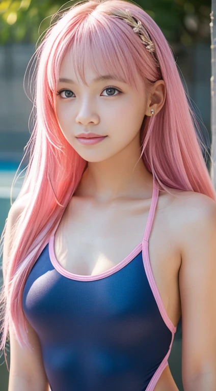 Highest quality, 8K, masterpiece :1.3)), whole body, Sharp focus :1.2, (8K, Highest quality, masterpiece:1,2), (Realistic, Photorealistic:1.37), Super detailed, One Girl,), (Very detailedな), (Beautiful and detailed eyes), (Highest quality), (Very detailed ), (masterpiece), (Detailed face),20-year-old, ,1 girl, ((Pink Hair:1.5,Long Hair)), Medium chest, Dressed, Perfect lighting, break (Indigo and pink school swimsuit:1.4), Shiny, break bangs on left side, Right ear is visible, smile, Eyes staring at the camera, Standing by the school pool, background city buildings, Natural light , Gold accessories and embroidery sparkle