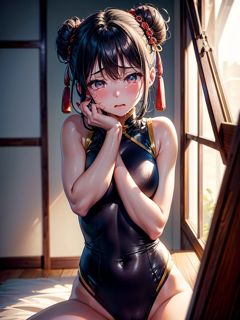 Highest Resolution,Highest quality,A beautiful girl in a Chinese leotard crying,Bun Hair,Dark bedroom,Tears,Open your mouth and drool,whole body,Sweat profusely,Cry,Beautiful eyes,