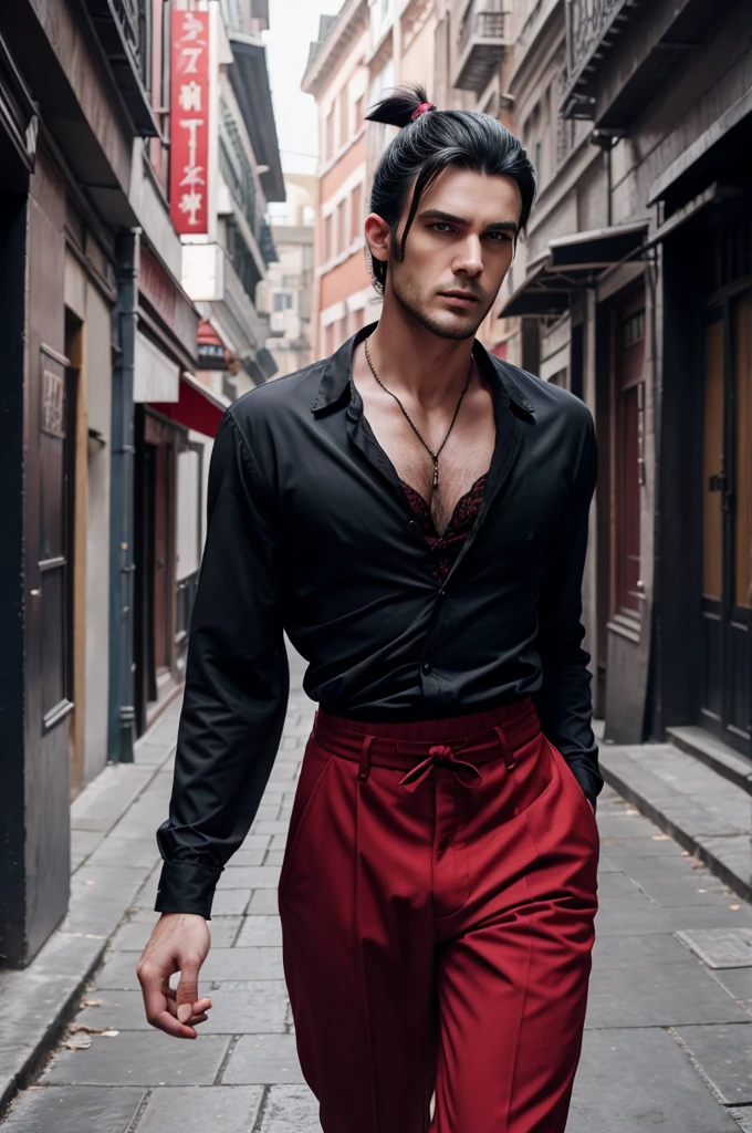 a handsome 25 years old male vampire hunter with ponytail black hair with short beard, pale skin, serious looking, wearing a red and black casual outfit and black pants, waist up shot, dynamic pose, ambient lighting, photo realism, intricate face detail, intricate hand details, highly detailed, vibrant colors, cinematic, high definition, trending on Artstation-style raw ,have six animated hands ,red colour animation
