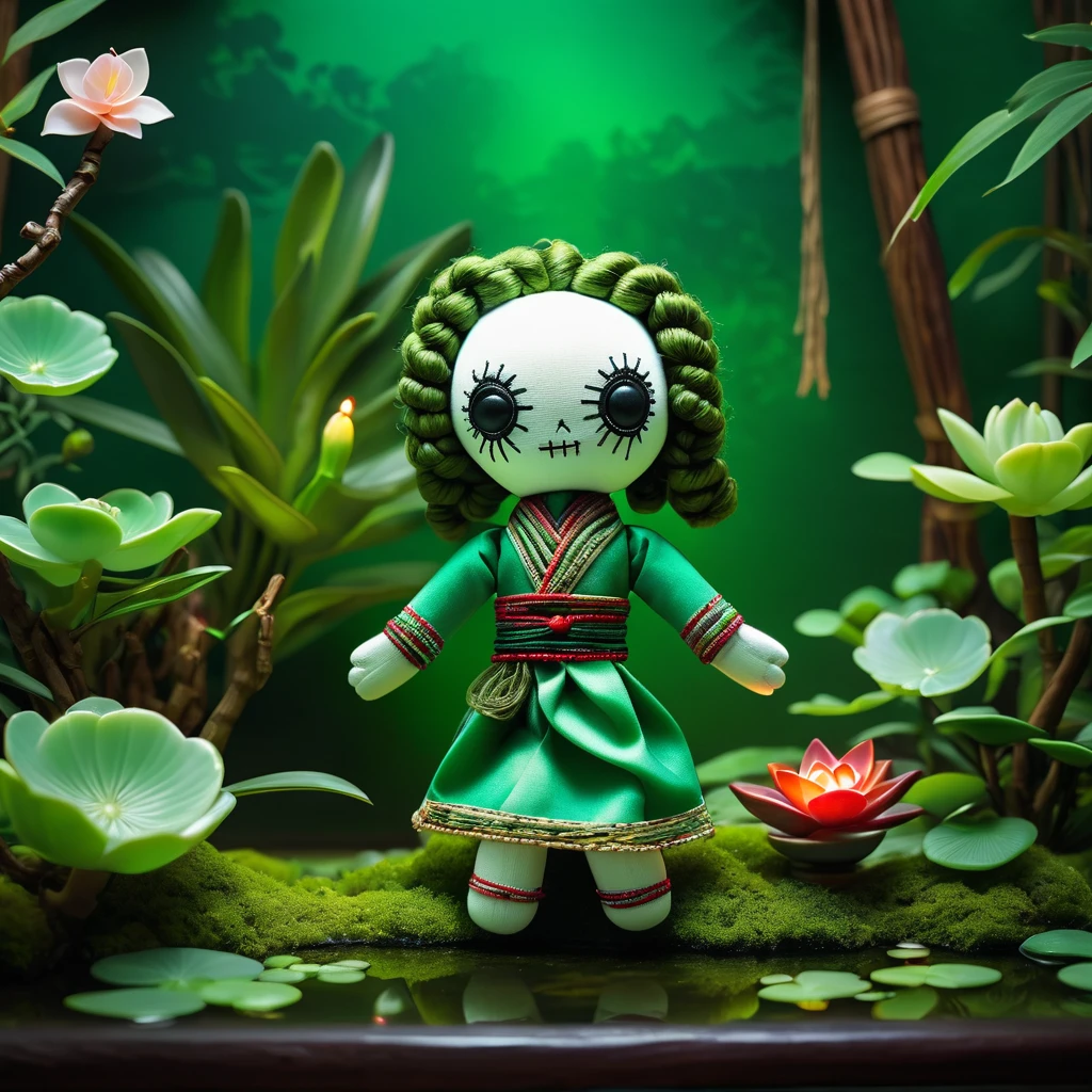 (knitted toy voodoo doll:1.5), (Voodoo Doll in a Jade Garden:1.3), (Clothing: traditional attire with jade patterns:1.0), (Accessories: enchanted jade amulet emitting green light, floating jade sculptures:1.1), (background: tranquil garden with jade plants, serene ponds, and a calming aura:1.2), best quality, masterpiece, detailed soft oil painting, detailed background, dramatic cinematic lighting, soft edge lighting, professional, dramatic lighting, hard edge lighting, ultra quality, 4k, masterpiece, best quality, 8k, ultra high definition, high resolution, extremely detailed
