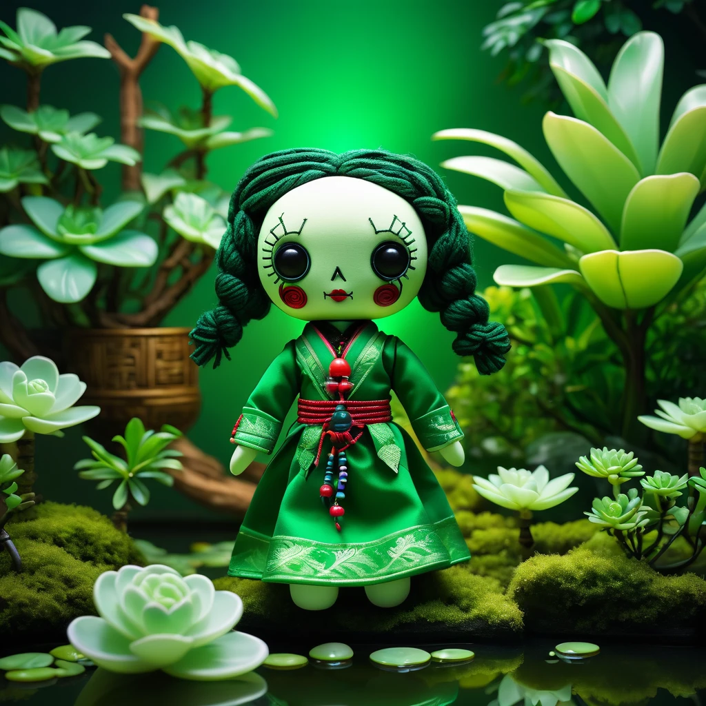(knitted toy voodoo doll:1.5), (Voodoo Doll in a Jade Garden:1.3), (Clothing: traditional attire with jade patterns:1.0), (Accessories: enchanted jade amulet emitting green light, floating jade sculptures:1.1), (background: tranquil garden with jade plants, serene ponds, and a calming aura:1.2), best quality, masterpiece, detailed soft oil painting, detailed background, dramatic cinematic lighting, soft edge lighting, professional, dramatic lighting, hard edge lighting, ultra quality, 4k, masterpiece, best quality, 8k, ultra high definition, high resolution, extremely detailed