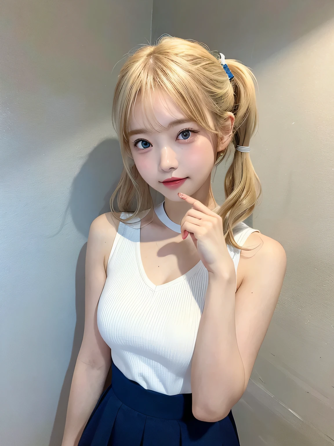 One person、、Full body photo,slender、woman、White drool coming out of the mouth、smile、、Blonde、Twin tails、 Fair skin, messy hair, super cute、Soft and Face、8K resolution、Surreal、Ultra high definition、 A-cup small breasts（（Highest resolution、8K、masterpiece：1.3））、Ultra-fine face、Ultra Fine Lips、Beautiful Eyes、double eyelid,Light blue wall、Sleeveless red polo shirt、White Skirt、Thighs、thin,Thighsが見える、Shapely small breasts、sexy、So cute!