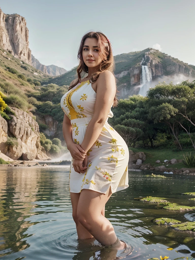 Araffe dress,Red dressRed wearing a short dress (white),Crocodile nearbya mountain of water near the Crocodiles nearby.light green, shining flowers,Red skywearing a suit (white), lipstick (pink) Escasamente vestido.Smooth sky model Hermosa figuracuerpo voluptuoso curvy hermosas sonrisa seductora Retrato Gabriella Lin Rojo Orange dress Red