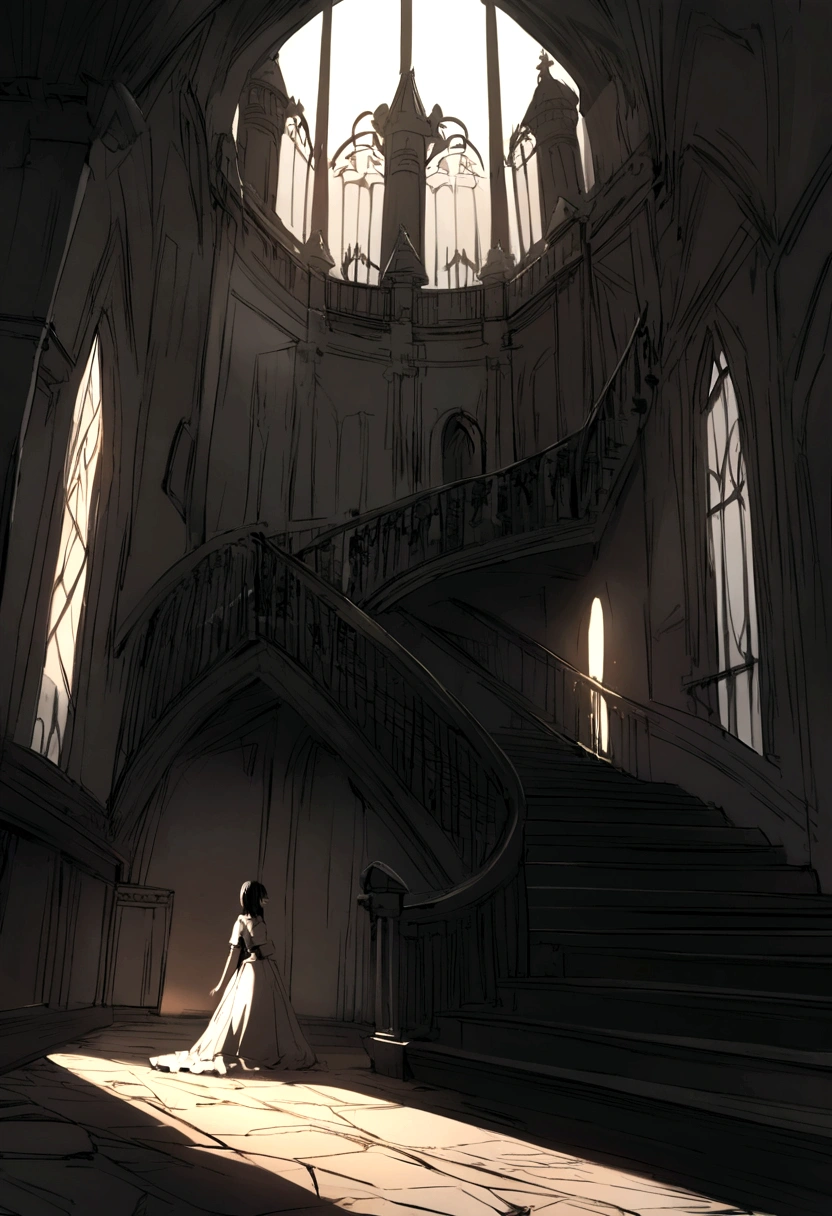 The shadow of the travelers looking at the scary mansion