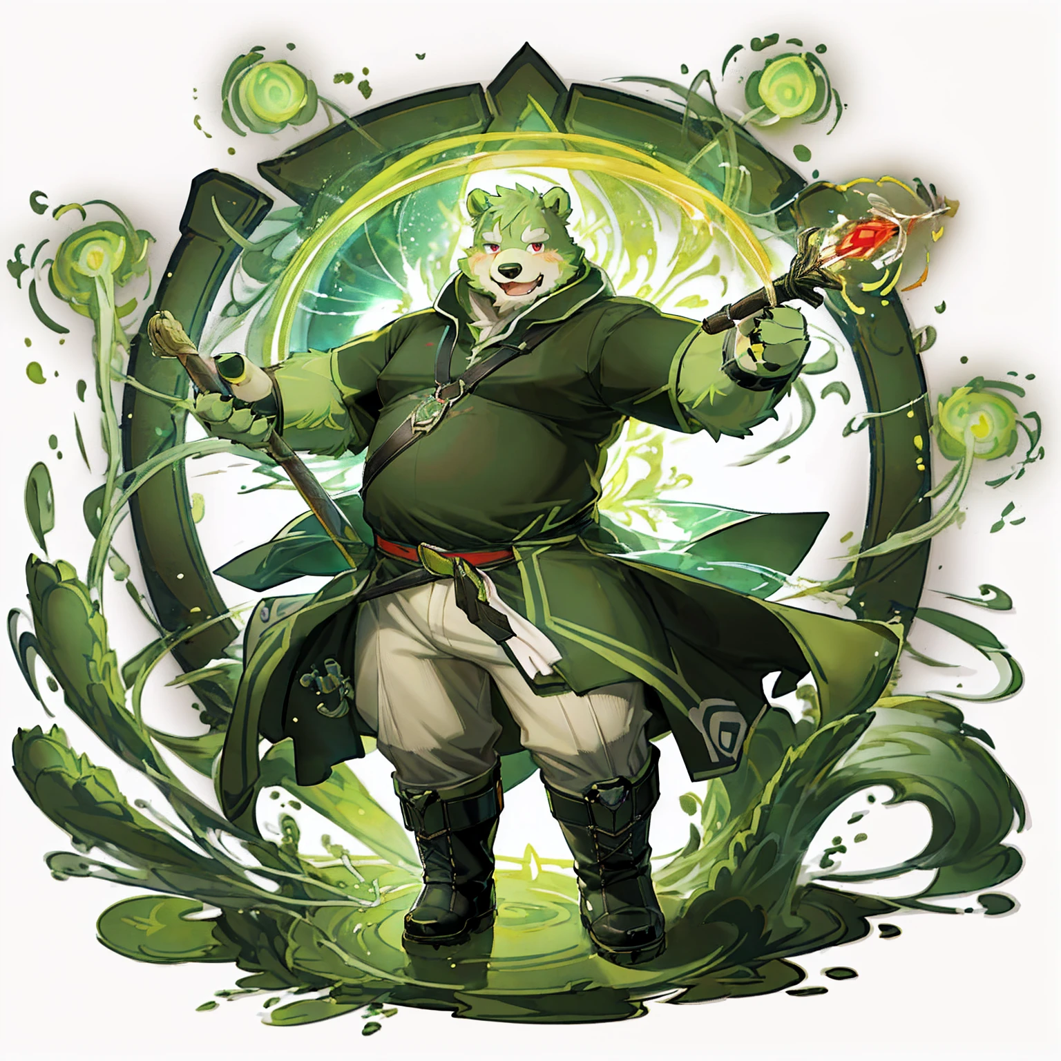 anthro, kemono, male, solo, (((anthro bear))), (((green bear))), (((green fur))), green hair, red eyes, beard, white eyebrows, mature, sexy, blush, wink, white background,  mage staff, magic, (black t-shirt inside), (((white unhooded long coat ))), gray trousers, military boots, full body, splash art, 