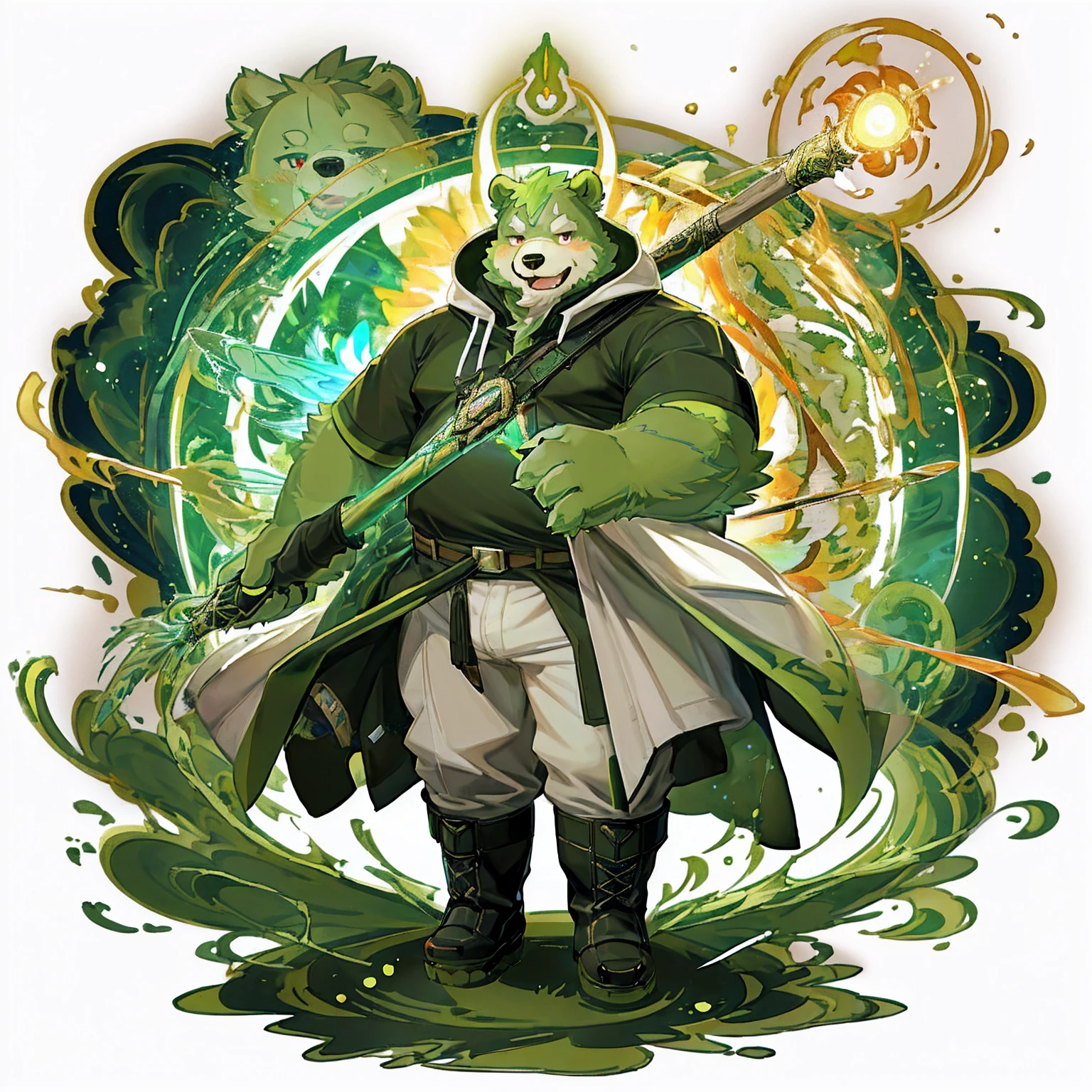 anthro, kemono, male, solo, (((anthro bear))), (((green bear))), (((green fur))), green hair, red eyes, beard, white eyebrows, mature, sexy, blush, wink, white background,  mage staff, magic, (black t-shirt inside), (((white unhooded long coat ))), gray trousers, military boots, full body, splash art, 