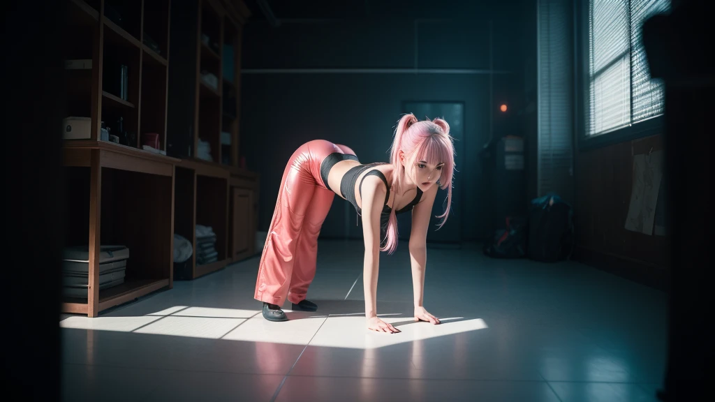 1 girl in the photo, Zero Two Dear in the Franxx, ((Bright red latex pants)), (((pants tucked into his))),(Kale), We see it from behind, (((standing on all fours ))), Un edificio cyber punk, Entorno cyber punk, We see your up close, ((perfect)), 苗条, small ass, She opens it, ((pink hair)), hair in pigtails, clear blue eyes , ((the best quality)), ((Masterpiece artwork)), ( highy detailed:1.3), .......................3d, incrivelmente lindo, ( cyber punk:1.3), (( perfect)) ((sight)) (((Pantyhouse muito pequena))), real-life, HDR (High dynamic range), Ray tracing, nvidia RTX, super resolution, irreal 5 , underground dispersion, PBR Textures, Post-processing, Anisotropic filtering, Depth of field, High sharpness and sharpness, Multilayer textures, Albedo and specular mapping, Surface shading, accurate simulation of light-material interactions, perfect proportions, Octane Rendering, duotone lighting, Low ISO, white balance, Ruler of the thirds, Wide aperture, 8K CRU, high efficiency subpixels, Subpixel Convolution, glow particles,
