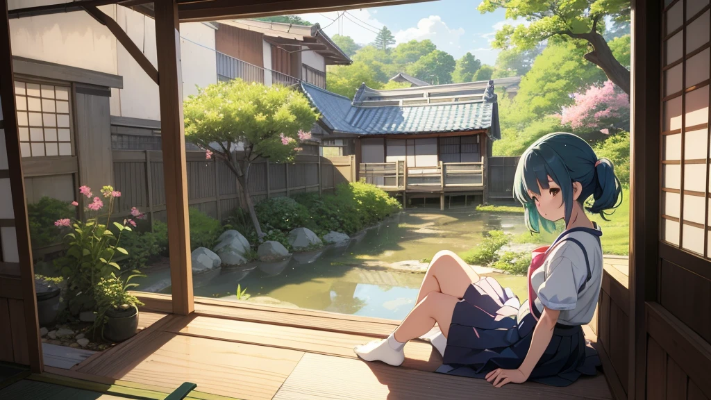 An old anime school girl character sitting sitting in the terasse of an old japanese house, relaxing at the view of her garden. summer vibes. The colors are soft and pastel, with soft lighting and a nostalgic ambiance, Lo-Fi, , cute girl, side view, wide view.