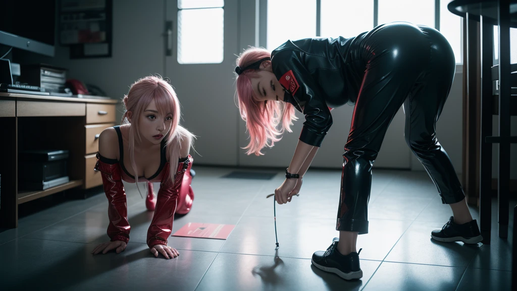 1 girl in the photo, Zero Two Dear in the Franxx, ((Bright red latex pants)), (((pants tucked into his))),(Kale), We see it from behind, (((standing on all fours ))), Un edificio cyber punk, Entorno cyber punk, We see your up close, ((perfect)), 苗条, small ass, She opens it, ((pink hair)), hair in pigtails, clear blue eyes , ((the best quality)), ((Masterpiece artwork)), ( highy detailed:1.3), .......................3d, incrivelmente lindo, ( cyber punk:1.3), (( perfect)) ((sight)) (((Pantyhouse muito pequena))), real-life, HDR (High dynamic range), Ray tracing, nvidia RTX, super resolution, irreal 5 , underground dispersion, PBR Textures, Post-processing, Anisotropic filtering, Depth of field, High sharpness and sharpness, Multilayer textures, Albedo and specular mapping, Surface shading, accurate simulation of light-material interactions, perfect proportions, Octane Rendering, duotone lighting, Low ISO, white balance, Ruler of the thirds, Wide aperture, 8K CRU, high efficiency subpixels, Subpixel Convolution, glow particles,