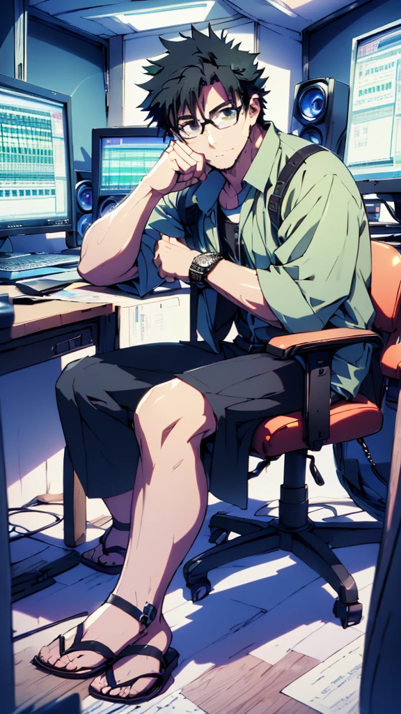 ((Highest quality)), ((masterpiece)), (detailed), Highest quality、High resolution、８K、Wearing a green shirt、Wearing black sandals、With two accurate hands５Finger、One adult male、33 years old、Dark Eyes、Black Hair、Japanese anime-like style、超High resolutionかわいい萌えアニメ8k、handsome face manly、Fake Hawk、 Slender and muscular、Glasses、Sitting in front of a computer in a music studio room analyzing a DAW