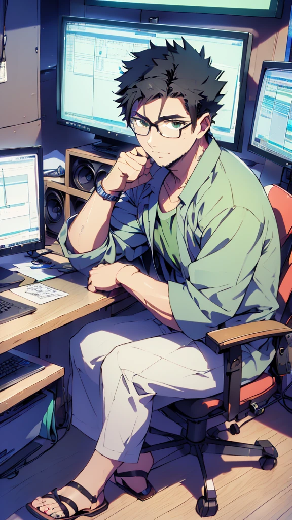 ((Highest quality)), ((masterpiece)), (detailed), Highest quality、High resolution、８K、Wearing a green shirt、Wearing black sandals、With two accurate hands５Finger、One adult male、33 years old、Dark Eyes、Black Hair、Japanese anime-like style、超High resolutionかわいい萌えアニメ8k、handsome face manly、Fake Hawk、 Slender and muscular、Glasses、Sitting in front of a computer in a music studio room analyzing a DAW