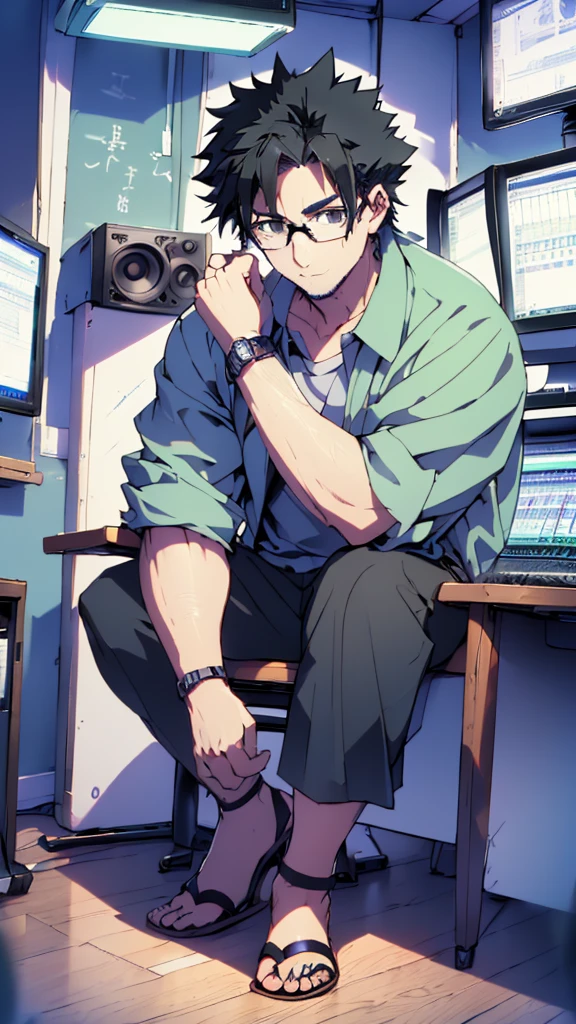 ((Highest quality)), ((masterpiece)), (detailed), Highest quality、High resolution、８K、Wearing a green shirt、Wearing black sandals、With two accurate hands５Finger、One adult male、33 years old、Dark Eyes、Black Hair、Japanese anime-like style、超High resolutionかわいい萌えアニメ8k、handsome face manly、Fake Hawk、 Slender and muscular、Glasses、Sitting in front of a computer in a music studio room analyzing a DAW